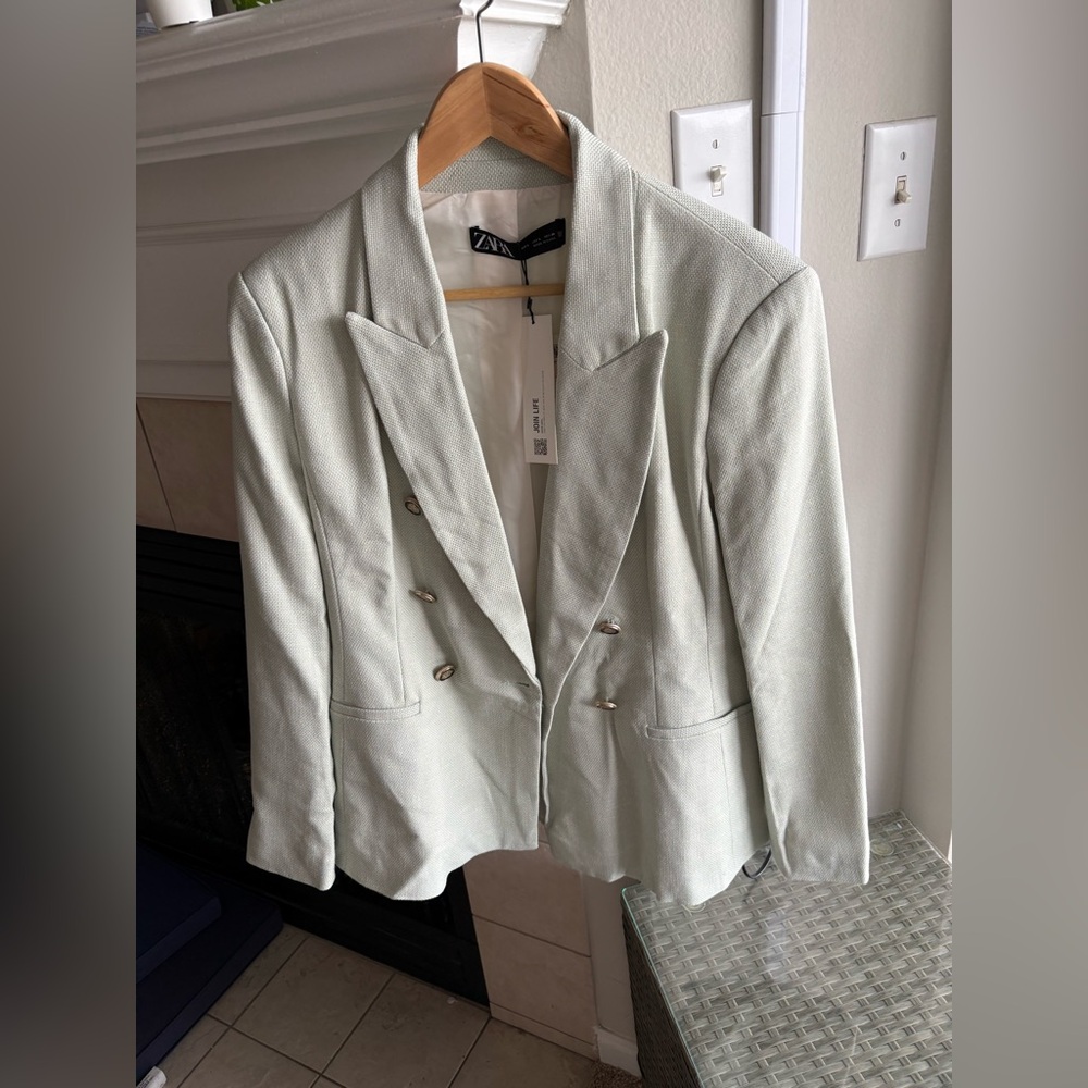 150$$ NWT Zara Light Green Double-Breasted Blazer –Size Large - Picture 8 of 16